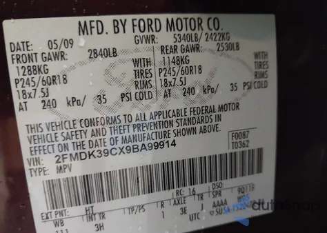 2009 Ford Edge Limited z USA, uszkodzony, nr VIN 2FMDK39CX9BA99914